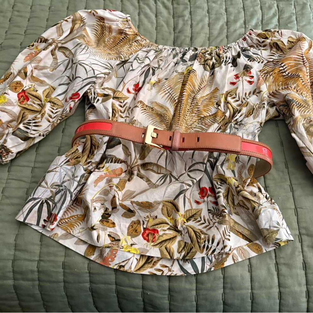 Tropical Print Blouse with Red Belt
